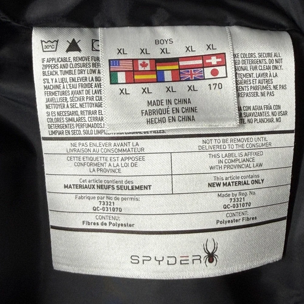 Spyder Jacket Boys XL Black‎ Puffer Insulated Hooded Full Zip Ski Coat Lined